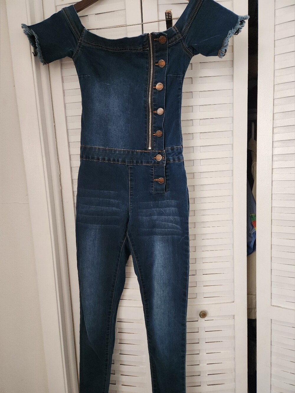 Off-Shoulder Denim Button-Up Jumpsuit - Dark Blue